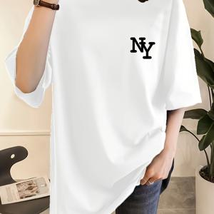 TEMU 여성용 캐주얼 'NY' 그래픽 티 - 화이트, 반팔, 루즈핏, 라운드 넥, 신축성 있는 폴리에스터 블렌드, 봄/여름 패션 탑, 일상 티셔츠 | 리라ックス핏 티 | 중간 신축성