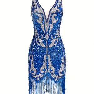 TEMU 트렌디하고 우아하며 고급스럽고 매력적인 빈티지 스타일의 섹시한 여성용 은색 스팽글 드레스 (사파이어 블루). 신축성 있는 원단, 하트 모양의 넥라인, 깊은 V넥, 하이웨스트, 핏되는 스타일, 비대칭한 밑단이 특징입니다.