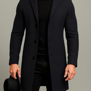 TEMU 남성용 미드 기장 싱글 브레스트 트위드 , 남성용 단색 트렌치 코트