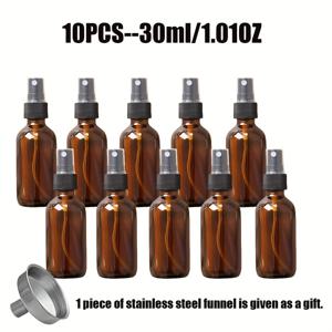TEMU 10개/5개 앰버 유리 스프레이 병 (스테인리스 스틸 깔때기 1개 포함), 30ml/50ml/100ml 미세 미스트 스프레이 병, 1.01OZ/1.69OZ/3.38OZ, 에센셜 오일, 액체, 향수에 적합, 사용하기 쉬움, 깨끗한 불투명 유리 병