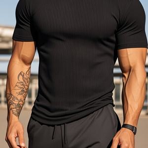 TEMU 남성용 슬림핏 리브드 반팔 티셔츠 - 통기성 폴리에스터-스판덱스 혼방, 고탄력, 기계 세탁 가능, 라운드넥 - 짐 & 캐주얼 여름 운동 셔츠, 단색, 체육복, 스티치 디자인, 신축성 원단, 내구성 좋은 블렌드, 퍼포먼스 티, 액티브 남성