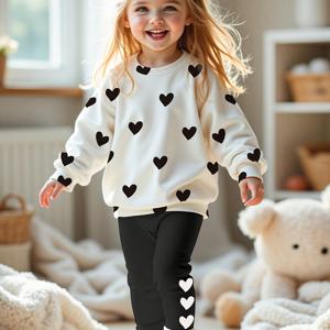 TEMU 귀엽고 사랑스러운 하트 프린트 캐주얼 라운드넥 긴팔 스웨트셔츠와 긴바지 세트 2개, 가을/겨울용 1-6세 여아용, 야외 활동에 적합