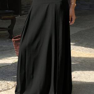 TEMU 여성 캐주얼 A라인 롱 스커트, 솔리드 컬러 플리츠 디자인, 패션 파티 및 댄스에 완벽|치마바지