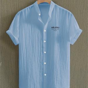 TEMU 피어슨 OBM 남성 여름 프린트 반팔 캐주얼 셔츠, 스타일리시한 스탠드업 칼라, 패셔너블하고 다재다능한 버튼업 탑, 가볍고 통기성 좋은 원단으로 제작, 해변 휴가 및 풀 파티에 적합