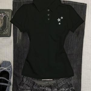 TEMU 여성 Y2K 스타일 V넥 반팔 폴로 셔츠 - 반팔, 핏 디자인, 레터 프린트, 캐주얼 스타일, 여성 티셔츠