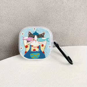 TEMU S5162 페인팅 파우더 블루 물고기와 눈가리개를 한 고양이 패턴 이어버드 케이스, 삼성 갤럭시 버즈2/프로/갤럭시 버즈 라이브/FE용, 갤럭시 버즈2 프로용 보호 커버, FE 이어버드 보호 커버, 갤럭시 버즈 프로 이어버드 케이스용 라이브 소프트 케이스