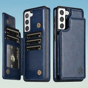 TEMU 단색 지갑 케이스, 더블 버튼 사이드 스티커, 카드 슬롯, RFID 차단, 킥스탠드 및 자석 플립, 인조 가죽으로 제작, 다양한 삼성 갤럭시 A 시리즈용 디자인, 충격 방지 보호 제공, Q