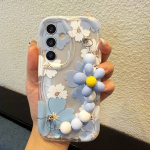 TEMU 블루 앤 화이트 플로럴 휴대폰 케이스, 갤럭시 삼성 S25 울트라, S24 FE/S26 울트라/S26용, S24 울트라/A56 호환, 삼성 A15/A35-5G/A17/A57/A37, S24 크림 패턴 A54, 소프트 A36/S25/A26, 투명 블루 A55/A13-4G 플로럴 비즈 손목 스트랩 포함, S22 울트라/S23/A24/A07/A14용