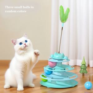 TEMU 인터랙티브 고양이 장난감 - 세 가지 색상으로 제공되며, 3단 트랙과 볼 게임이 특징이며, 배터리 없이 정신적 자극과 엔터테인먼트를 제공합니다.