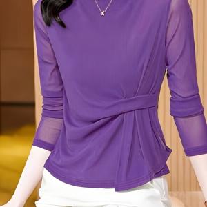 TEMU 여성용 우아한 긴팔 티셔츠, 단색과 핏되는 허리 디자인, 봄/가을용으로 설계됨