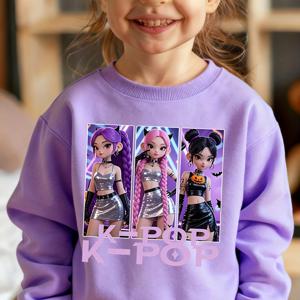 TEMU 여아용 긴팔 라운드넥 스웨트셔츠, 'K-POP 애니메이션 스위트 쿨 걸' 프린트, 봄/가을용, 아동용 디자인