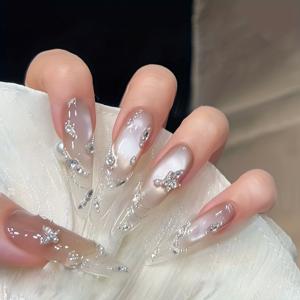 TEMU 핸드메이드 롱 트라페조이드 프레스온 네일, 콜드 그레이 투명 팁, 글리터 체인 레이어드 라이트 럭셔리 글리터, 탈착식 고급 네일 아트 스티커로 화려한 룩 완성, 인조 손톱,매니큐어 장식,우아한 네일 디자인,긴 아몬드형 네일,상세한 네일 아트,장식용 못,화려한 네일,특별한 날을 위한 네일,파티 네일