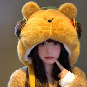 TEMU 귀여운 곰 플러시 모자, 여성 가을, 겨울 벨벳 두꺼운 따뜻한 모자