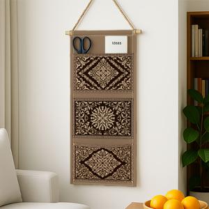 TEMU 1개 트라이벌 에스닉 러스틱 벽걸이 정리함 (3개 포켓), 기하학적 브라운 걸이 선반 (침실용), 다용도 도어 백 옷장 수납 시스템, 옷, 추가품 및 일상 용품 보관에 적합