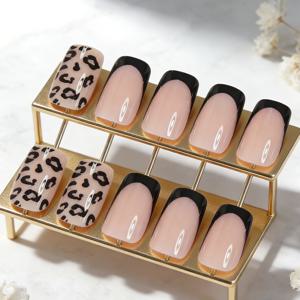 TEMU 광택 끝과 프린트 디자인의 중국풍 블랙 프렌치 매니큐어 인조 손톱 24개 세트. 여성 및 데일리 및 외출용으로 완벽합니다. 간편한 프레스온 네일 디자인