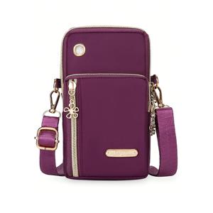 TEMU 여성 미니 크로스바디 백 | 멀티 레이어 지퍼, 이어폰 잭, 수직 동전 지갑, 스포츠 팔걸이 및 러닝 손목 밴드, 퍼플, 지퍼 잠금, 단색