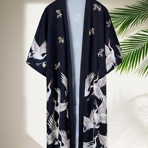 TEMU 새로운 크레인 프린트 남녀 커플 의상 중국 스타일 긴 기모노 가디건 남성용 얇은 코트 잠옷 목욕 가운 청소년 패션 목욕 가운 비치 클로크 긴 코트