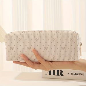 TEMU 리본 타이 프린트 패턴이 있는 대용량 연필 케이스, 코듀로이 소재, 지퍼가 있는 간편한 문구 파우치, 펜을 위한 부드러운 보관 가방