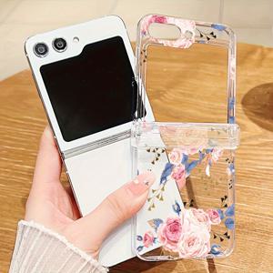 TEMU Flip 6 / Z Flip 5용 투명 PC 하드 케이스, 전체 힌지 보호 및 낙하 방지 디자인, 핑크 장미 패턴 여성 모델