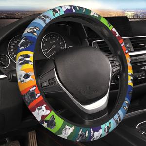 TEMU 귀여운 프랑스 불독 강아지 네오프렌 핸들 커버, 15인치 범용, 남녀 공용 차량용 액세서리, 세단 및 SUV 호환, 사랑스러운 프랑스 불독 차량 내부 액세서리