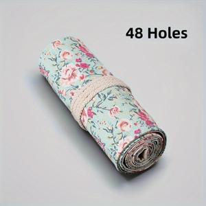 TEMU 크리에이티브 장미 프린트 수제 캔버스 아트펜 롤업 파우치, 12/24/36/48/72구멍, 대용량 롤업 색연필 케이스, 스케치용 문구 파우치, 필통, 그림용 색연필 케이스, 대용량 필통, 심플 문구함, 펜 파우치, 펜꽂이, 메이크업 브러쉬 보관 파우치