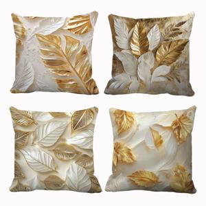 TEMU 파티, 홈 데코, 방 꾸미기, 침실 스타일링, 거실 장식, 차량 장식 및 소파 장식을 위한 화이트 앤 골든 리프 모던 장식 베개 커버 4개 세트. 베개 속통은 포함되어 있지 않습니다.