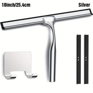 TEMU 유리, 벽, 바닥, 욕실, 화장실, 주방용 스테인레스 스틸 스퀴지, 12인치 창문 와이퍼, 편안한 손잡이, 접착식 후크 및 2개의 실리콘 블레이드, 거울 및 자동차 청소용