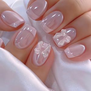 TEMU Show Your Beauty 24개입 숏 스퀘어 누네일, 핑크 엣지 심플하고 우아한 매직 미러 파우더 광택 마감, 리ボン매듭 효과, 여성을 위한 패셔너블하고 활용도 높은 인조손톱, 데일리용으로 적합, 탈부착식 누네일 세트, 젤리젤과 네일 파일 포함