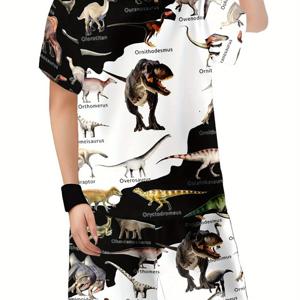 TEMU 소년용 공룡 차트 일러스트 의상 - 3D 프린트 반팔 티셔츠 & 반바지 세트, 폴리에스터, 캐주얼 여름용, 야외 활동에 완벽