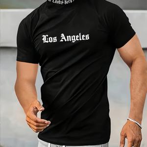 TEMU 남성용 봄 여름 가을 레터 프린트 캐주얼 편안한 반팔 크루넥 티셔츠, 캐주얼 외출, 휴가용, 100% 폴리에스터, 세탁기 사용 가능, 드라이클리닝 불가. JT6269