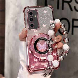 TEMU 휴대폰 케이스 - 삼성 갤럭시 S24 FE용 고급 나비 진주 손목 스트랩 디자인의 자석 글리터 폰 케이스, 미끄럼 방지 및 충격 방지 기능, 스탠드 백 커버 포함