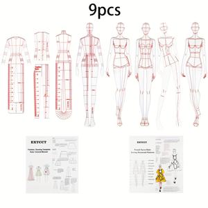 TEMU 9개 패션 드로잉 템플릿 자 세트, 여성용 재봉 인형 패턴 디자인, 의류 측정 곡선 자, A4 패턴 용지 드레이프팅, 사용 설명서 포함