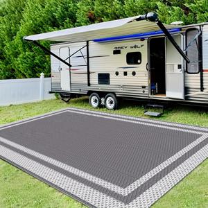 TEMU 토트백 + 4개 스테이크 야외 러그, RV 파티오 매트, 양면 플라스틱 카펫, 모던 러그, 대형 야외 카펫, RV, 파티오, 뒷마당, 데크, 피크닉, 해변, 캠핑 그레이 화이트