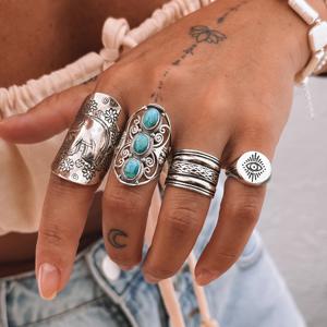 TEMU 4개 세트, 알로이 모조 터키석 상감 스태킹 링, 빈티지 에스닉 스타일, 코끼리 눈과 꽃무늬 디자인으로 독특하게 조각
