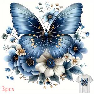 TEMU 3개 파란색 나비와 꽃무늬 티셔츠 열전사 스티커, 간편한 다림질로 붙이는 데 적합. 재단 가능한 공장 전용 데칼, 이음매 없는 부착, 재질로 제작, 백팩 및 쿠션에 이상적. 사용하기 쉬움