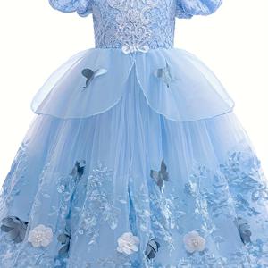 TEMU 비베이 의류 6-1 올드 봄/여름 신상 중간 사이즈 여아용 블루 레이스 메쉬 스커트 레이스 스플라이싱 나비꽃 장식 크리스마스 드레스 생일 선물