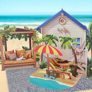 TEMU 3D 팝업 카드 - 해변에서 시원한 수박 주스로 편안히 쉴고 있는 게으른 고양이, 테이블 장식용으로 완벽한 휴식의 풍경. 생일, 졸업, 축하 등 모든 행사에 딱 맞는 감동적인 선물