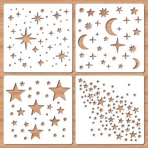 TEMU 4개 재사용 가능한 별 템플릿, 15.24cm 반짝이 별과 달 스텐실, 플라스틱 배경 별 템플릿, 나무 벽 페인팅, DIY 카드 만들기, 스크랩북 종이, 패브릭, 홈 데코, 아트 프로젝트용