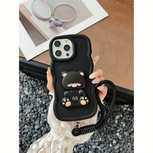 TEMU 휴대폰 케이스 - 1 Pure Black Wavy 폰 케이스, 곰돌이 거울 스탠드 및 단색 넥스트랩 포함, 귀엽고 패셔너블, Apple 11, 12, 13, 14, 15, 16, Samsung A51, A52, A53, A54, A55, A56 S20 S21 S23.S24S25, A31, A32에 적합