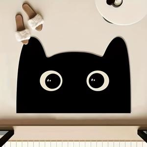 TEMU 귀여운 고양이 테마 비정형 흡수성 규조토 욕실 매트 - 미끄럼 방지, 고품질 욕실 장식 러그, 블랙 만화 디자인, 간편한 세척, 미끄럼 저항성