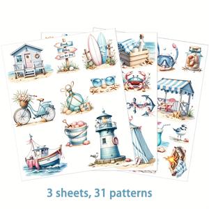 TEMU 여름 해변 트로피컬 바캉스 해양 등대 31 패턴 UV 전사 스티커 장식 3장, 머그, 커피 컵, 유리 컵, 꽃병, 노트북, 휴대폰 케이스, 카드, 일러스트, 정크 저널, 노트북에 적합