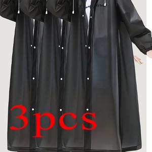 TEMU 3개 블랙 고품질 EVA 도톰한 전신 비옷 - 야외 사이클링, 하이킹, 여행용 후드 긴팔, 조절식 드로스트링 후드 및 앞면 단추형 - 경량 휴대용 여성용 우비, 사이클링 레인웨어 | 디자인