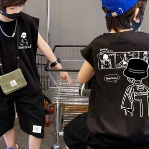 TEMU 한국 스타일 소년용 슬리브리스 탱크 탑 2025년 새로운 패션 크롭 탑 지오메트릭 패턴, 루즈핏 라운드 넥 캐주얼 여름 셔츠 어린이용