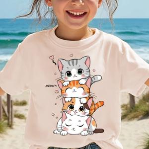 TEMU 귀여운 고양이 만화 프린트가 있는 여아용 여름 패션 반팔 티셔츠, 캐주얼 탑 NYDX5024.