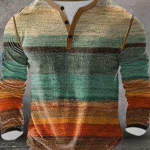 TEMU 남성용 패셔너블 긴팔 헨리 셔츠, 디지털 프린트/프린트 후드티, 노랑, 초록, 갈색 등 다양한 컬러 그라데이션, 풍부하고 레이어드한 색상, 데일리 캐주얼 또는 트렌디한 패션 스타일 연출에 적합