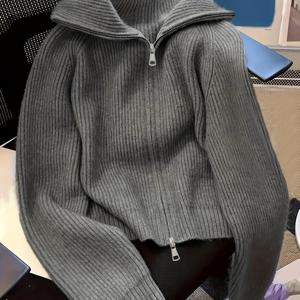 TEMU 세련되고 우아한 긴팔 가디건, 하이 칼라 디자인과 독특한 더블 지퍼 디자인, 클래식한 단색으로 가을, 겨울에 어울립니다.