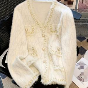 TEMU 탈리스먼드 밑단 퍼지 버튼 프론트 가디건, 우아한 대조 트림 V넥 긴팔 가디건 - 여성용 가을 겨울 의류