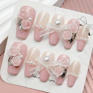 TEMU 핸드메이드 아크릴 누ๆ 붙이는 인조네일 10개/세트, 미디엄 쉐입, 핑크 프렌치 스타일 네일, 3D 장미꽃 장식, 레이스 리본, 달콤하고 귀여운 스타일, 심플한 , 탈부착식 인조네일, 네일아트 용품, 파티 및 데일리웨어용, 누+1회용 및 재사용 가능, 젤리 글루와 네일 파일 포함, DIY 네일 용품