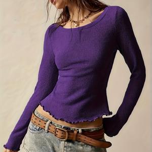 TEMU 여성용 우아한 솔리드 퍼플 긴팔 튜닉 탑 - 라운드넥 러플 헴 티셔츠, 사계절 캐주얼 & 포멀웨어용 스트레치 탑, 편안한 데일리 탑 러플 디테일, 시크하고 다재다능한 솔리드 컬러 디자인