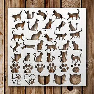 TEMU 고양이 모양 스텐실, 동물 스텐실, 고양이 발자국 스텐실, 고양이 얼굴 스텐실, *인치 페인팅 템플릿, 벽, 가구, 캔버스, 천, 스크랩북에 적합, 프로젝트용 재사용 가능한 공예 템플릿